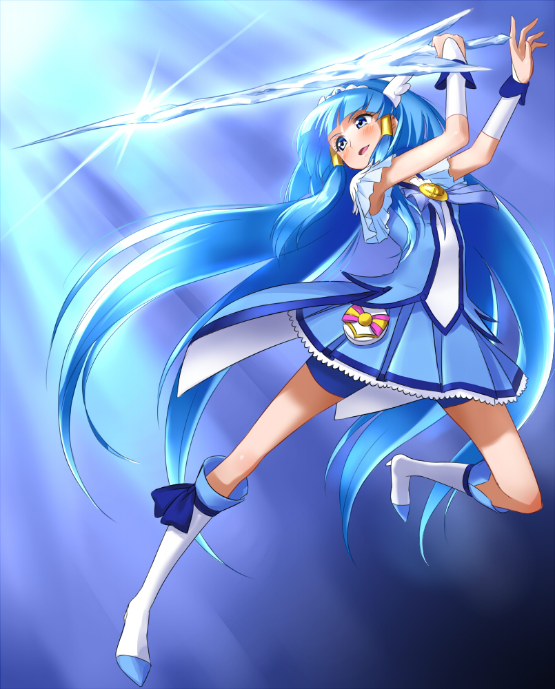 10s 1girl aoki_reika bike_shorts bike_shorts_under_skirt blue_dress blue_eyes blue_hair blue_skirt blue_theme blush boots choker crystal_sword cure_beauty dress female_focus hair_tubes head_wings ice knee_boots long_hair magical_girl matching_hair/eyes open_mouth precure shorts shorts_under_skirt sidelocks skirt smile smile_pact smile_precure! solo sword takebi tiara weapon wings wrist_cuffs
