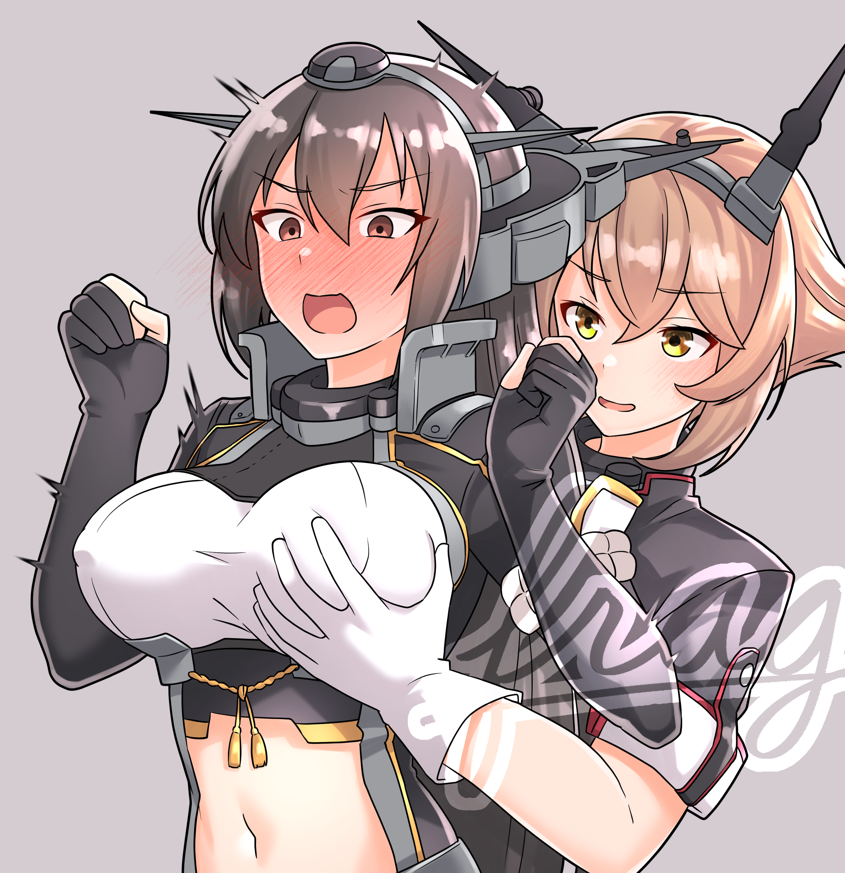 2girls absurdres black_capelet black_gloves black_hair breasts brown_hair capelet elbow_gloves flipped_hair furaggu_(frag_0416) gloves grabbing_another's_breast grabbing_from_behind green_eyes grey_background groping hair_between_eyes headgear highres kantai_collection large_breasts long_coat long_hair metal_belt midriff multiple_girls mutsu_(kancolle) mutsu_kai_ni_(kancolle) nagato_(kancolle) nagato_kai_ni_(kancolle) partially_fingerless_gloves radio_antenna rigging short_hair smile upper_body white_gloves
