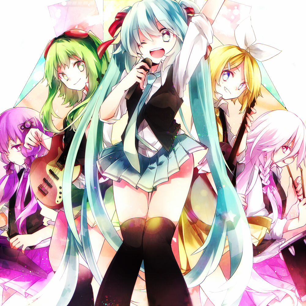 5girls :p ;d aka_tonbo_(lililil) blonde_hair blue_eyes braid drum drumsticks green_eyes green_hair grin guitar gumi hair_ornament hand_up hatsune_miku holding ia_(vocaloid) instrument kagamine_rin long_hair microphone multiple_girls one_eye_closed open_mouth pink_eyes pink_hair playing_instrument purple_eyes purple_hair short_hair smile tongue tongue_out twin_braids twintails vocaloid voiceroid yuzuki_yukari