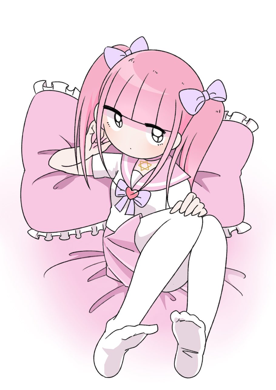1girl arm_support blouse blunt_bangs bow bowtie choker closed_mouth expressionless ezaki_bisuko feet_up frilled_pillow frills hair_bow hand_on_own_knee hexagram highres jitome long_hair looking_at_viewer lying menhera-chan_(ezaki_bisuko) menhera-chan_(ezaki_bisuko)_(character) no_shoes on_back on_bed pantyhose pillow pink_choker pink_hair pink_sailor_collar pink_skirt pleated_skirt purple_bow purple_bowtie reclining sailor_collar school_uniform serafuku shirt simple_background skirt solo star_of_david twintails white_background white_pantyhose white_shirt