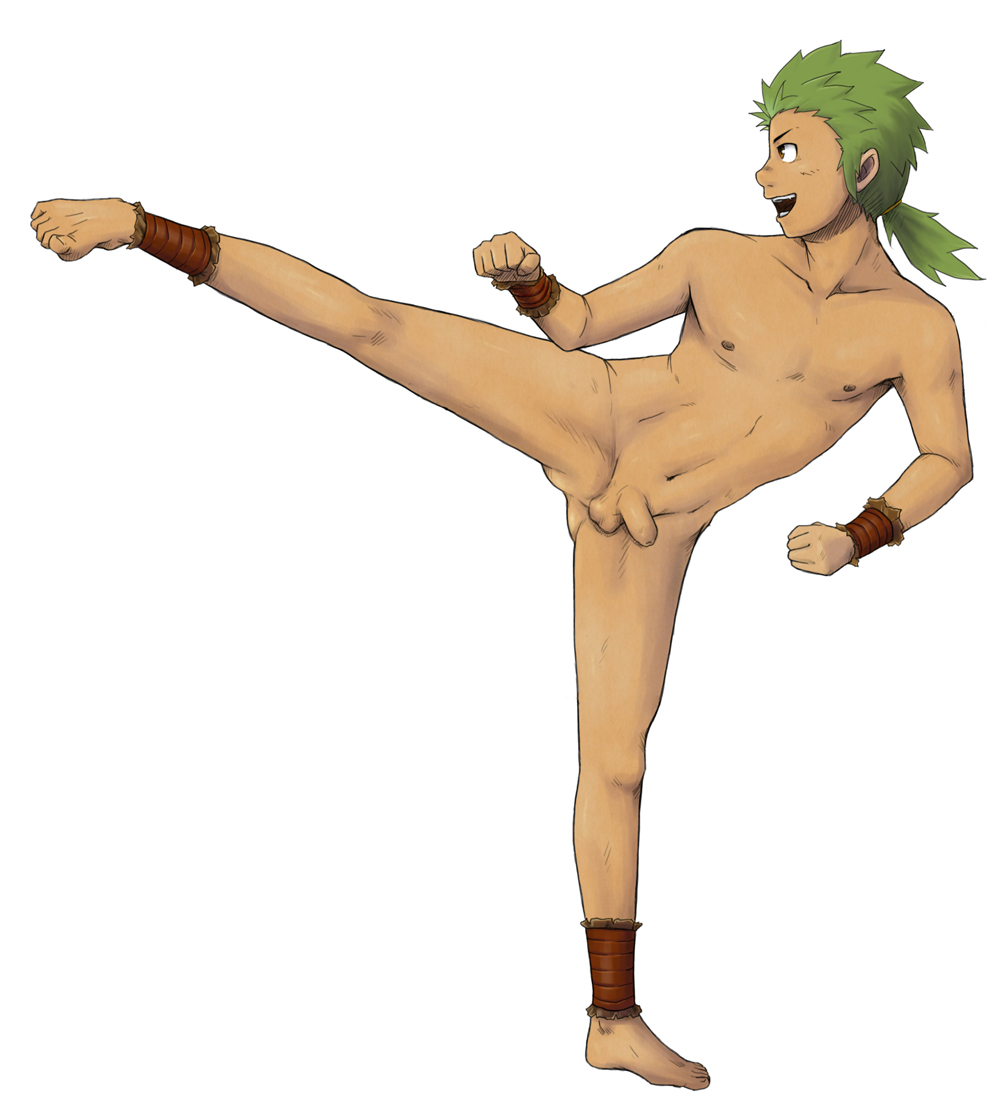 1boy armband dark-skinned_male dark_skin feet fighting_stance final_fantasy final_fantasy_vi foreskin gau gluteal_fold green_hair legband male_focus navel nipples nude one_leg_raised open_mouth penis ponytail teeth testicles thighs tongue