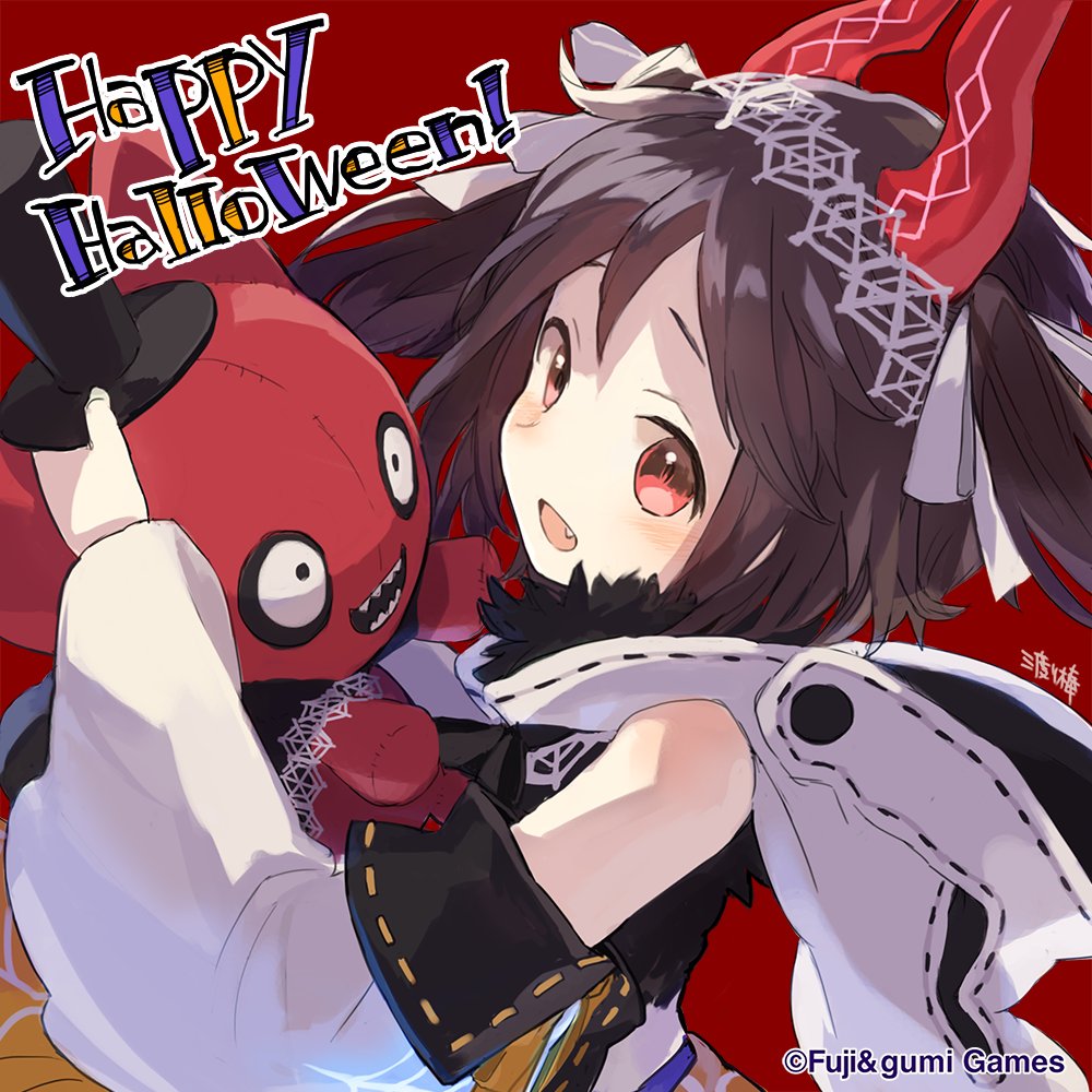 1girl commentary_request detached_sleeves fang hair_ribbon halloween_costume happy_halloween holding holding_stuffed_toy hood hood_down horns looking_at_viewer mea_(ta_ga_tame_no_alchemist) official_alternate_costume official_art red_background red_eyes ribbon second-party_source signature simple_background solo spider_web_hair_ornament stuffed_toy ta_ga_tame_no_alchemist two_side_up upper_body watarubou white_ribbon