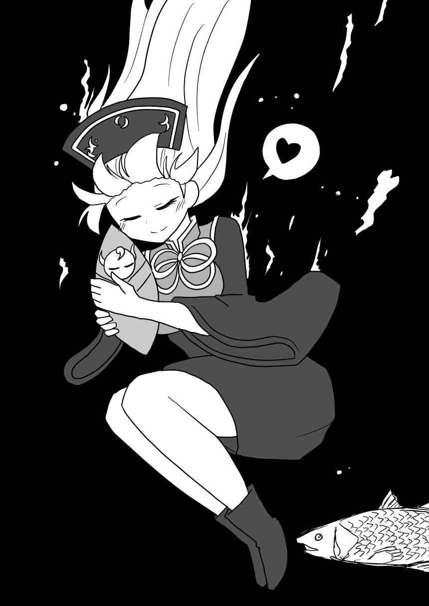 1girl asphyxiation bad_hand coelacanth comic drowning fish greyscale heart highres hug indosou junko_(touhou) long_hair monochrome sinking spoken_heart statue touhou underwater