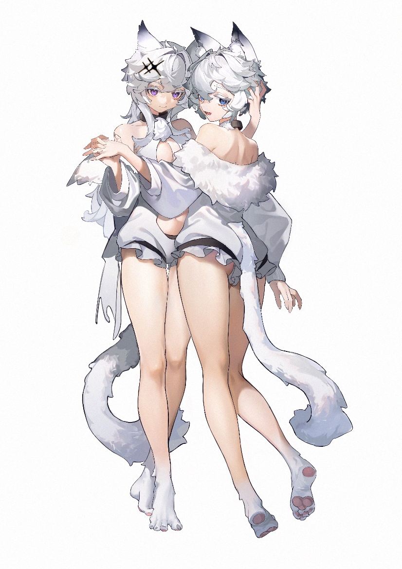 2girls alchemy_stars animal_ear_fluff animal_ears animal_feet bare_legs bare_shoulders blue_eyes cat_ears cat_girl cat_tail cleavage_cutout closed_mouth clothing_cutout collar full_body hair_intakes hand_in_another&#039;s_hair holding_hands interlocked_fingers jacket long_hair long_sleeves looking_at_viewer looking_back lushi_jin_up multiple_girls navel navel_cutout off_shoulder open_mouth philyshy_(alchemy_stars) philyshy_(sweet_dreams)_(alchemy_stars) purple_eyes short_hair shoulder_blades simple_background standing tail white_background white_hair white_jacket yumi_(alchemy_stars)