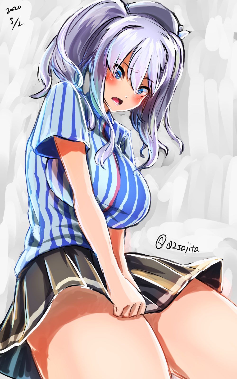 02sajita 1girl beret black_skirt blue_eyes breasts convenience_store hat highres kantai_collection kashima_(kancolle) kashima_(lawson)_(kancolle) large_breasts lawson one-hour_drawing_challenge ribbon shop silver_hair skirt thighs twintails