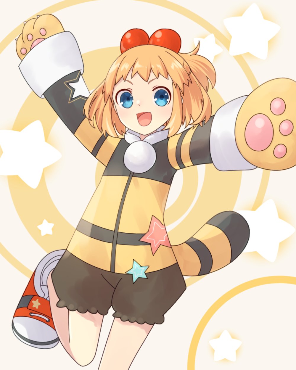 1girl :d animal_hands arms_up black_shorts blue_eyes blush commentary_request gloves hair_bobbles hair_ornament happy highres jacket kami_jigen_game_neptune_v leg_up medium_hair multicolored_jacket neptune_(series) open_mouth orange_hair paw_gloves pish short_shorts shorts smile solo standing standing_on_one_leg star_(symbol) star_print star_symbol_background two-tone_jacket user_ahcp8784