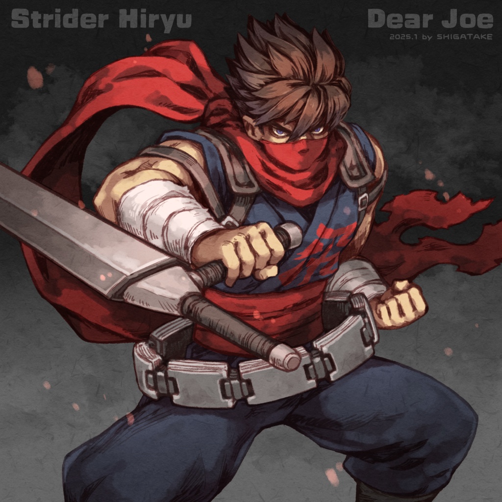 1boy bandaged_arm bandages blue_eyes commentary_request embers fighting_stance holding holding_weapon looking_at_viewer male_focus red_scarf scarf scarf_over_mouth shigatake smoke solo strider_(video_game) strider_hiryuu tonfa weapon