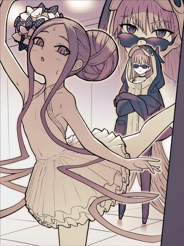 2girls abigail_williams_(fate) abigail_williams_(santa)_(fate) animal_hood ballerina ballet_dress covered_navel crossed_arms double_bun fate/grand_order fate_(series) hair_bun hood leg_up long_hair meltryllis meltryllis_(fate) meltryllis_(swimsuit_lancer)_(fate) meltryllis_(swimsuit_lancer)_(first_ascension)_(fate) monochrome multiple_girls penguin_hood prosthesis prosthetic_leg sleeves_past_fingers sleeves_past_wrists sunglasses sweat ttmt tutu very_long_hair