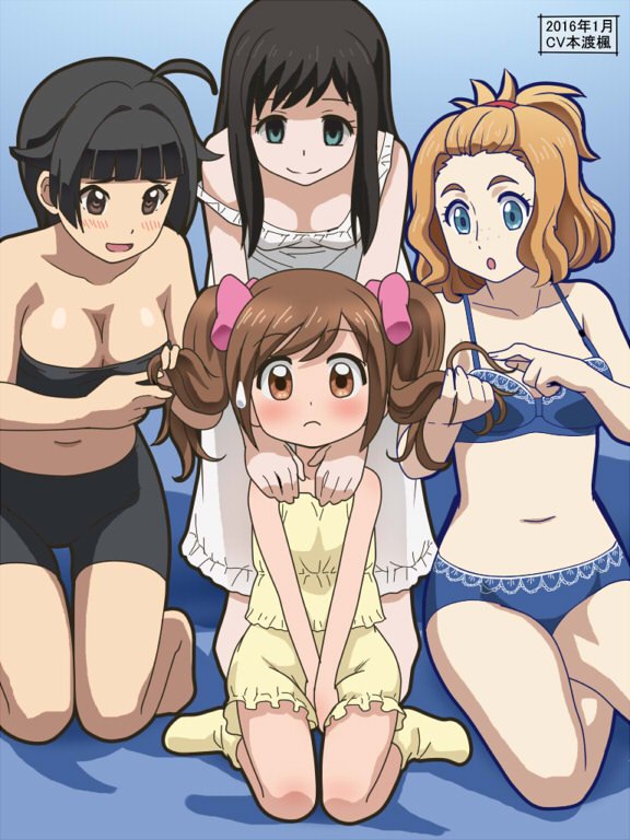 4girls awa black_hair bra breasts character_request closed_mouth cocotama_(series) crossover dress full_body kamisama_minarai:_himitsu_no_cocotama long_hair looking_at_viewer medium_hair multiple_girls navel open_mouth panties short_hair simple_background smile underwear voice_actor_connection