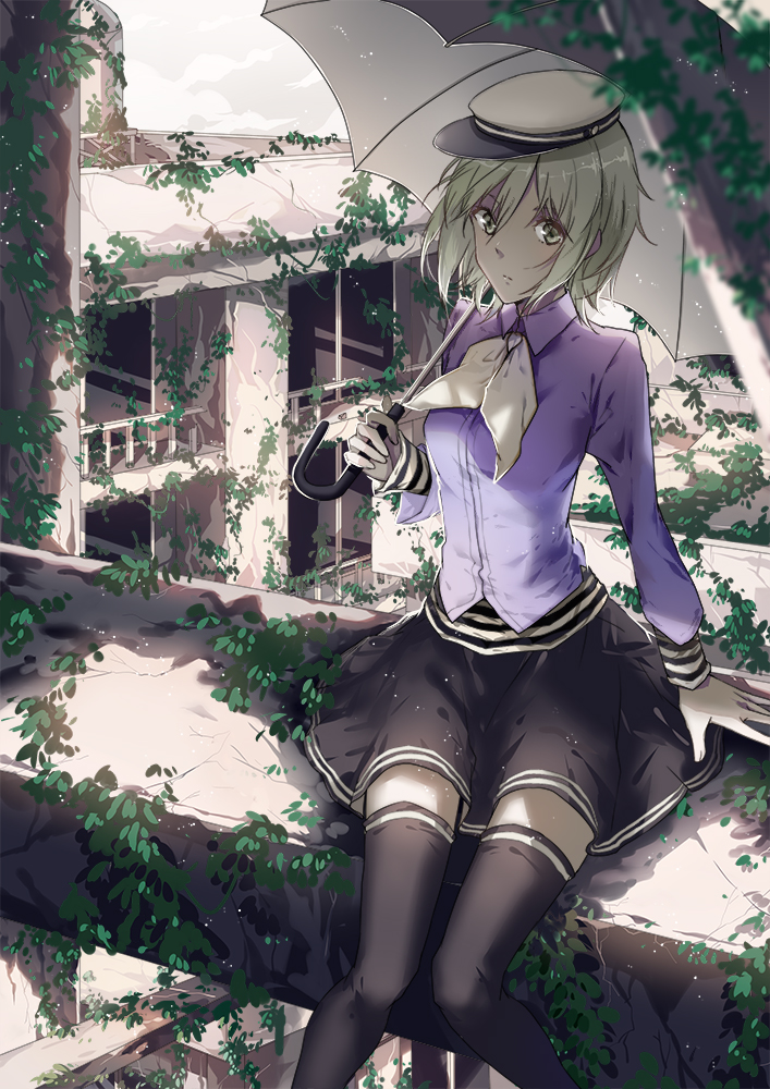 18_(backstreetno18) ama_no_jaku_(vocaloid) ascot black_skirt black_thighhighs building green_eyes green_hair gumi hat jack_amano jacket plant purple_jacket shirt sitting skirt solo striped_clothes striped_shirt thighhighs umbrella vocaloid zettai_ryouiki