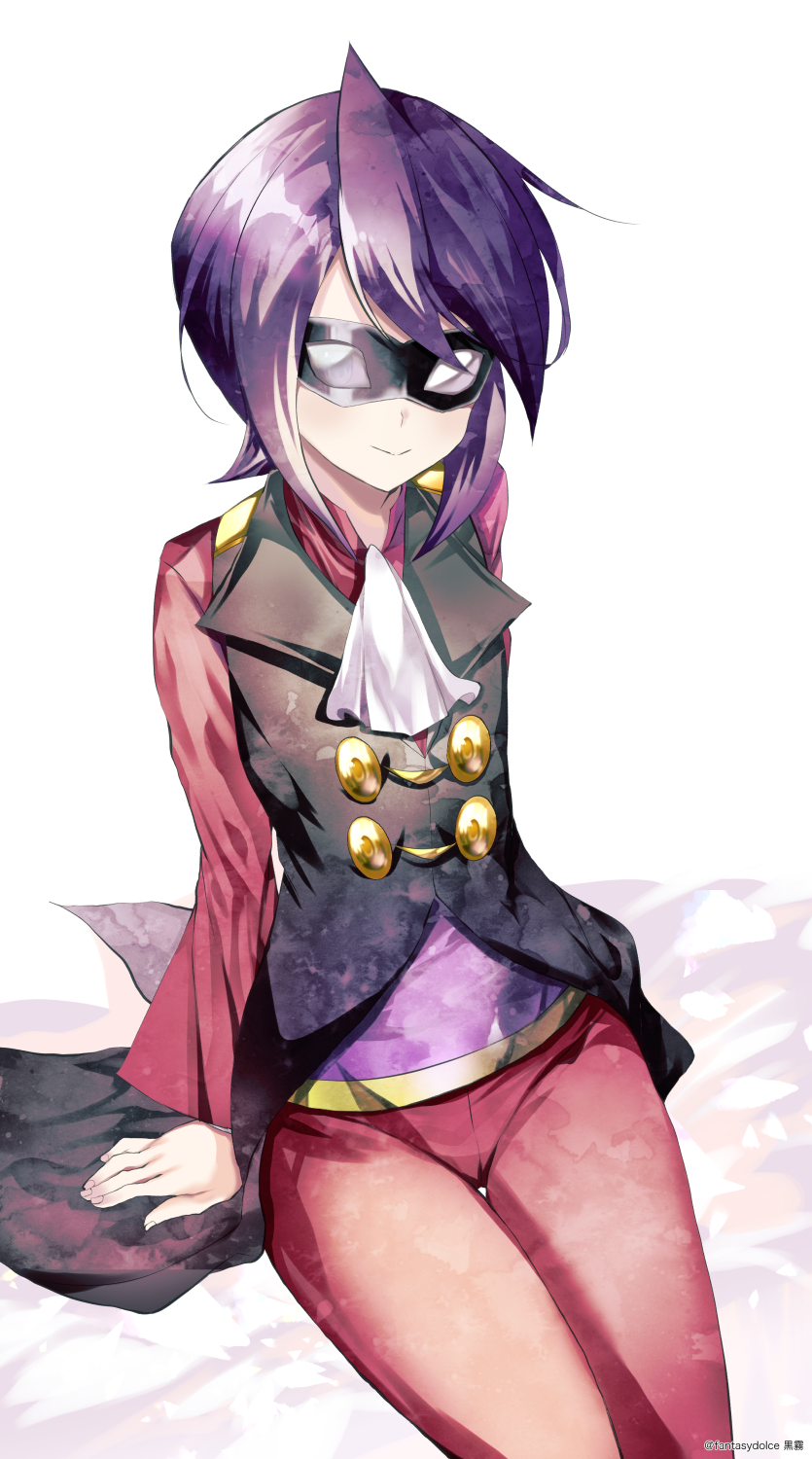 1boy arm_support ascot buttons closed_mouth coattails commentary_request domino_mask fantasydolce highres long_sleeves male_focus mask medium_hair nintendo pants pink_pants pink_shirt pokemon pokemon_hgss purple_hair shirt sitting smile solo vest watermark white_ascot will_(pokemon)