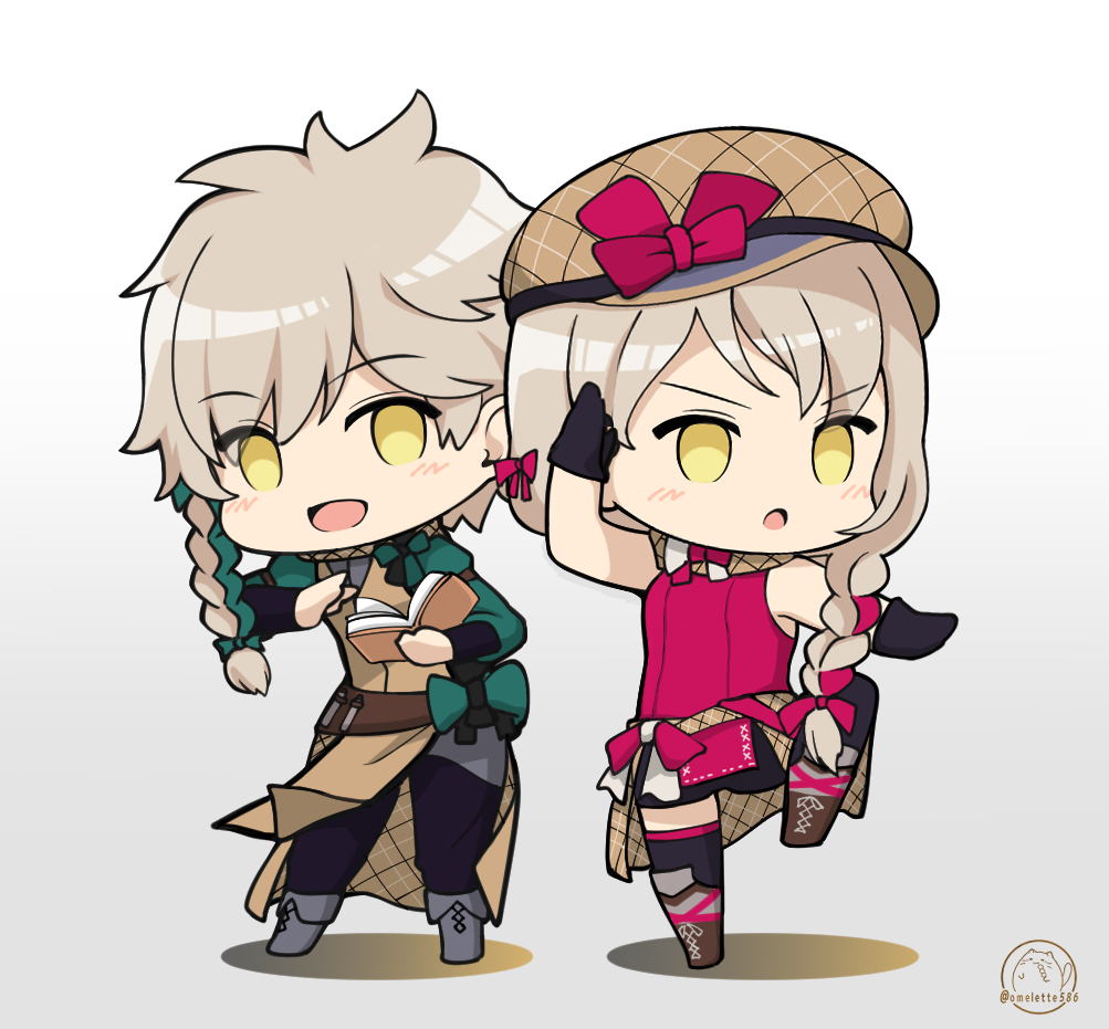 1boy 1girl blonde_hair braid brother_and_sister brown_scarf clanne_(fire_emblem) fire_emblem fire_emblem_engage framme_(fire_emblem) green_hair hat komurice long_hair looking_at_viewer multicolored_hair nintendo pink_hair plaid_clothes plaid_hat plaid_scarf scarf siblings split-color_hair twins two-tone_hair yellow_eyes