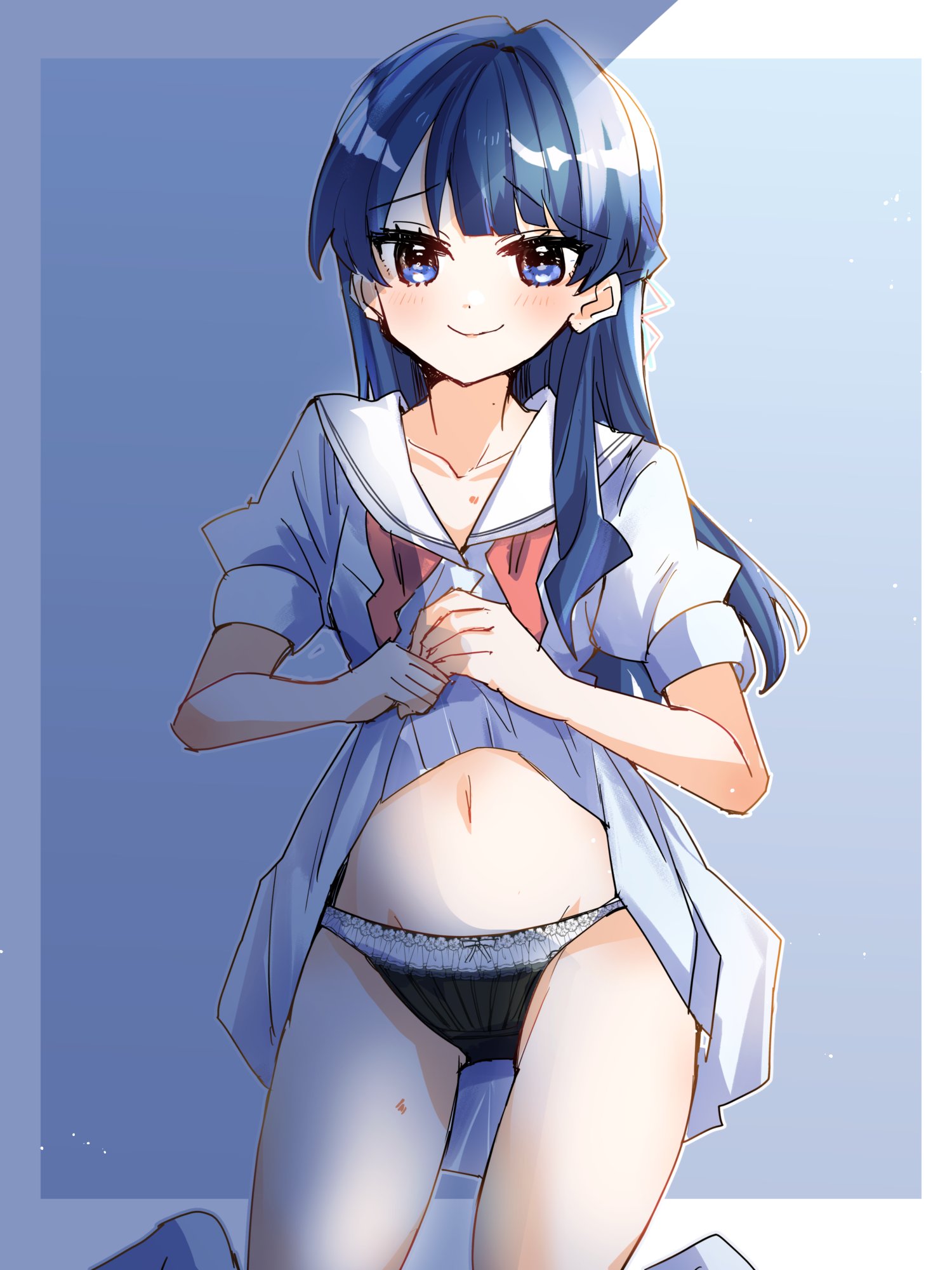 1girl black_panties blue_background blue_dress blue_eyes blue_hair blush bow bow_panties closed_mouth clothes_lift collarbone commentary_request dress dress_lift hair_intakes half_updo hasu_no_sora_school_uniform hickey highres kanduki_kamibukuro kneeling lifting_own_clothes light_particles link!_like!_love_live! looking_at_viewer love_live! murano_sayaka navel neckerchief panties puffy_short_sleeves puffy_sleeves raised_inner_eyebrows red_neckerchief sailor_collar sailor_dress school_uniform short_sleeves smile solo summer_uniform underwear virtual_youtuber white_sailor_collar
