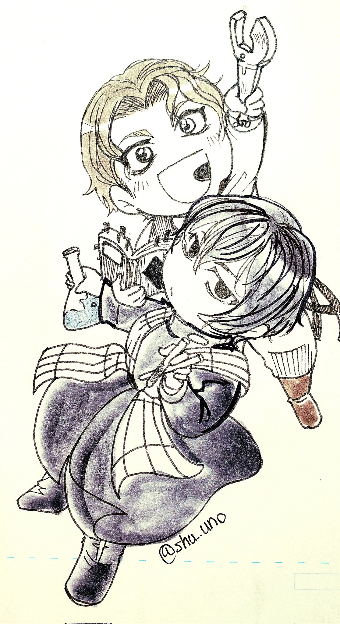 2boys beelzebub_(shuumatsu_no_valkyrie) black_eyes black_footwear black_hair black_jacket black_robe book boots brown_hair closed_mouth cloth collared_shirt curly_hair expressionless flask formal_clothes half-closed_eyes high_collar highres holding holding_book holding_flask holding_wrench jacket jitome light_blush looking_at_viewer looking_up male_focus messy_hair multiple_boys nikola_tesla_(shuumatsu_no_valkyrie) robe sash shirt short_hair shuumatsu_no_valkyrie two-sided_fabric white_jacket white_shirt wrench yaoi