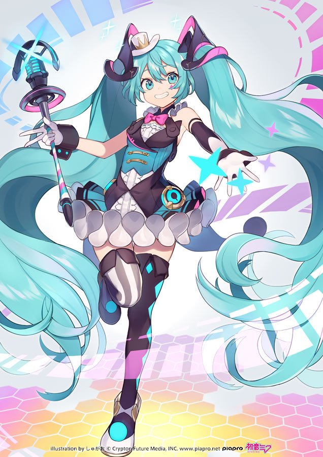 1girl aqua_eyes aqua_hair artist_name asymmetrical_footwear asymmetrical_legwear black_shoes black_thighhighs black_wrist_cuffs commentary_request copyright_notice diamond_facial_mark dress facial_mark full_body gloves grin hair_between_eyes hat hatsune_miku holding holding_wand leg_up logo long_hair looking_at_viewer magical_mirai_(vocaloid) magical_mirai_miku magical_mirai_miku_(2019) microphone_wand mini_hat mini_top_hat mismatched_footwear mismatched_legwear official_art second-party_source shoes shugao smile solo striped_clothes striped_thighhighs teeth thighhighs top_hat twintails very_long_hair vocaloid wand white_gloves white_hat white_shoes wrist_cuffs