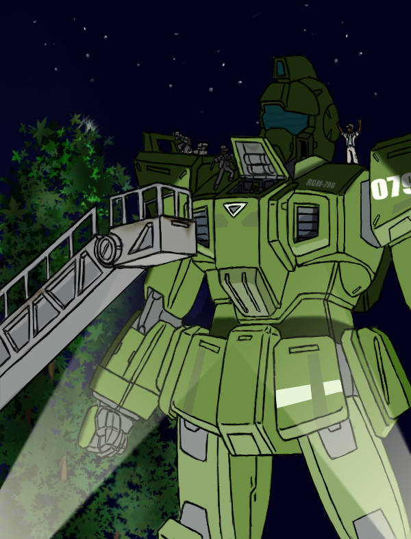 artist_request gm_sniper gundam gundam_08th_ms_team mecha night robot spotlight tree