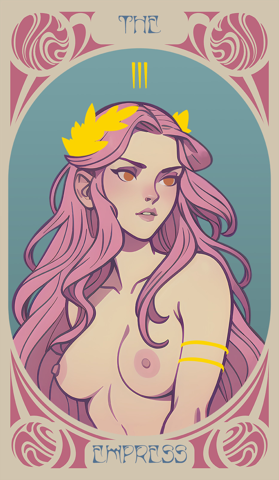 1girl armlet art_nouveau blue_background blush breasts brown_eyes card_(medium) commentary english_commentary english_text galmesh_rosewood gold_armlet head_wreath highres jewelry large_breasts long_hair looking_to_the_side nipples no_pupils original parted_lips pink_hair simple_background solo tarot tarot_(medium) the_empress_(tarot) topless_female upper_body very_long_hair