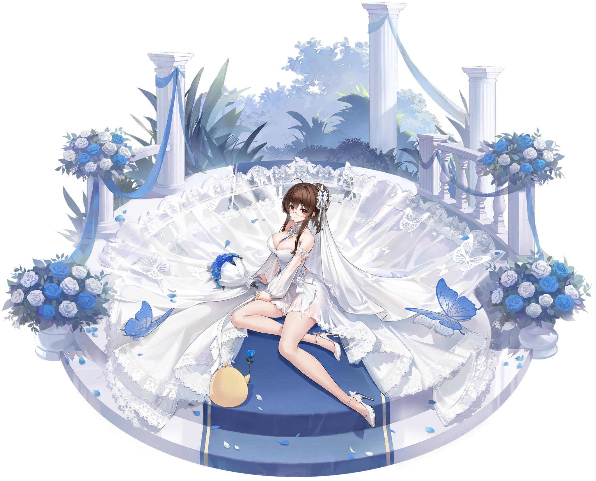 1girl ankle_strap azur_lane blue_flower bouquet breasts brown_hair congqian_you_ke_xing detached_sleeves dress flower glasses high_heels highres london_(azur_lane) london_(platinum_ceremony)_(azur_lane) looking_at_viewer manjuu_(azur_lane) medium_breasts official_art red_eyes see-through_clothes see-through_dress see-through_sleeves short_hair_with_long_locks sidelocks sitting solo transparent_background wedding_dress white_dress white_flower white_footwear yokozuwari
