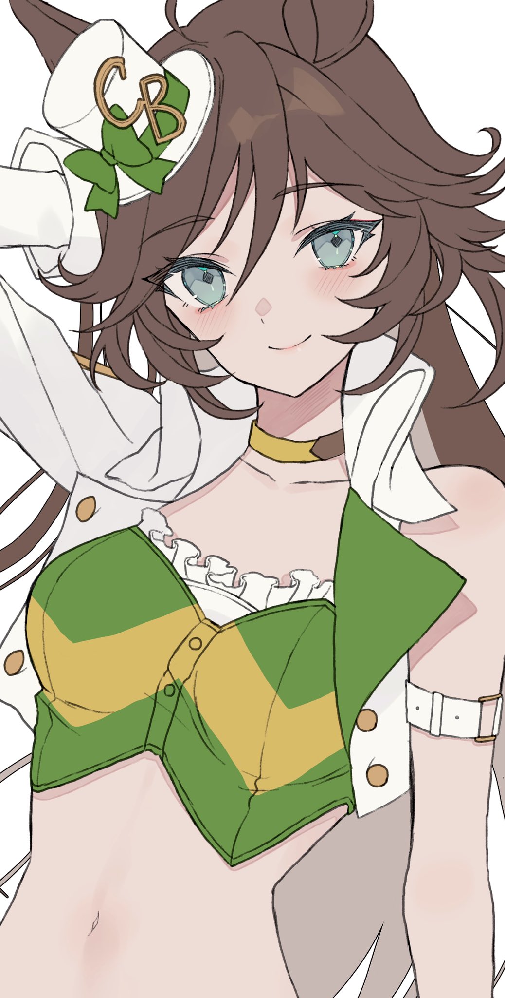 1girl armband bad_id bad_twitter_id blue_eyes blush bow breasts brown_hair choker closed_mouth cropped_jacket green_bow hat highres long_sleeves looking_at_viewer medium_breasts mini_hat mini_top_hat mr._c.b._(umamusume) navel satsuki_(miicat) simple_background single_sleeve smile solo top_hat umamusume upper_body white_background