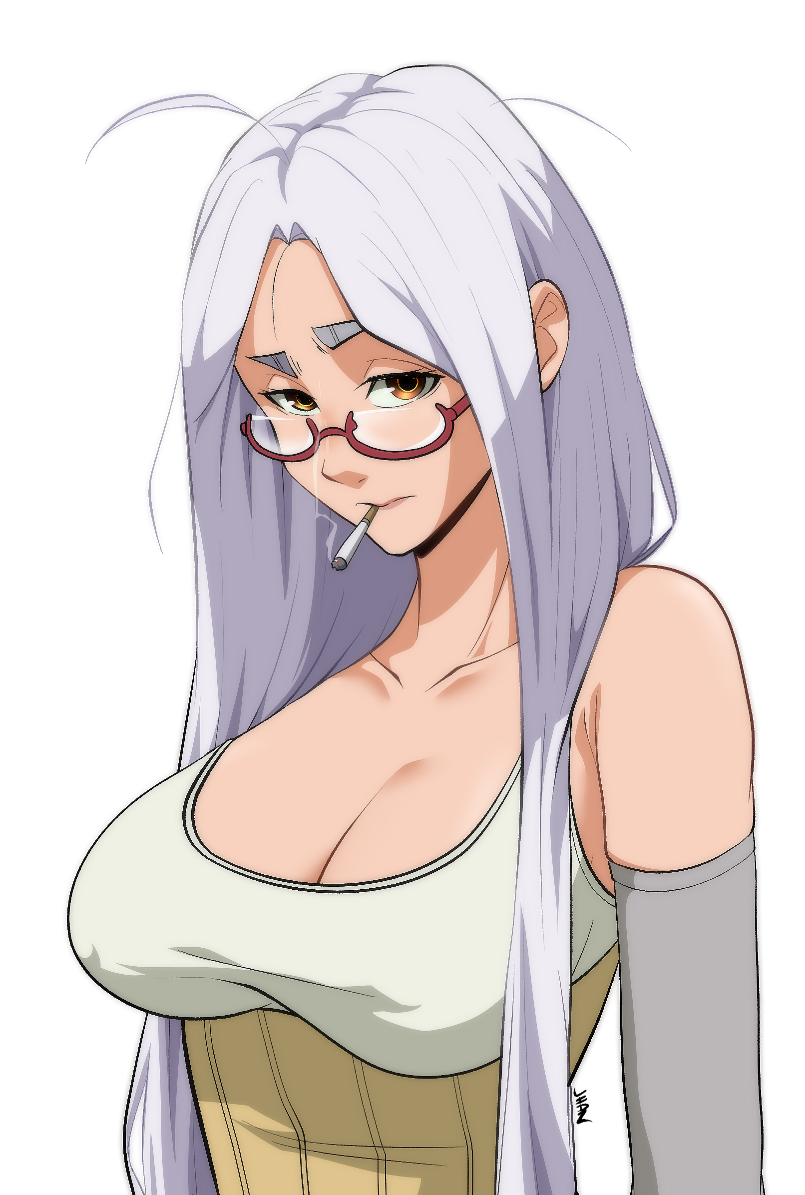 1girl ayase_seiko cigarette dandadan glasses grandma highres jhan long_hair mature_female old old_woman orange_eyes smoking solo white_hair