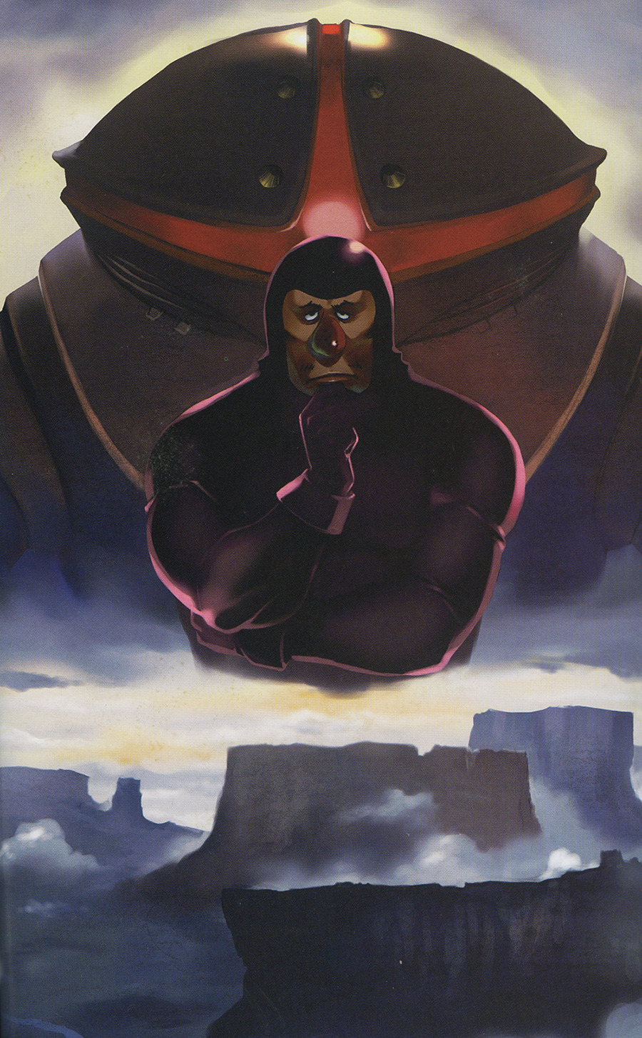 1980s_(style) 1boy acguy akahana canyon cloud desert dust_cloud gloves glowing glowing_eye gundam hand_on_own_chin highres mecha mobile_suit mobile_suit_gundam mobile_suit_gundam_the_origin o&#039;neill_cylinder official_art oldschool one-eyed painting_(medium) parody pilot_suit purple_eyes retro_artstyle robot scan space_habitat spacecraft_interior style_parody thinking traditional_media watercolor_(medium) yasuhiko_yoshikazu zeon