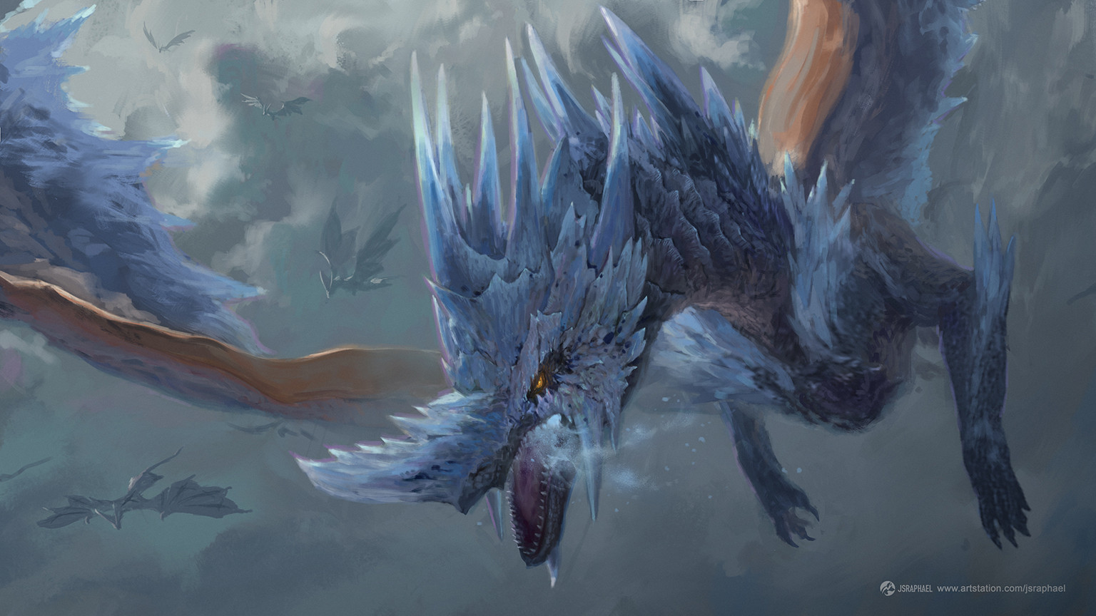 animal_focus artist_name artstation_username breath claws cloud cloudy_sky commentary day dragon english_commentary flying grey_sky joshua_raphael midair monster monster_hunter_(series) no_humans open_mouth outdoors scales sharp_teeth sky teeth velkhana watermark web_address wings yellow_eyes