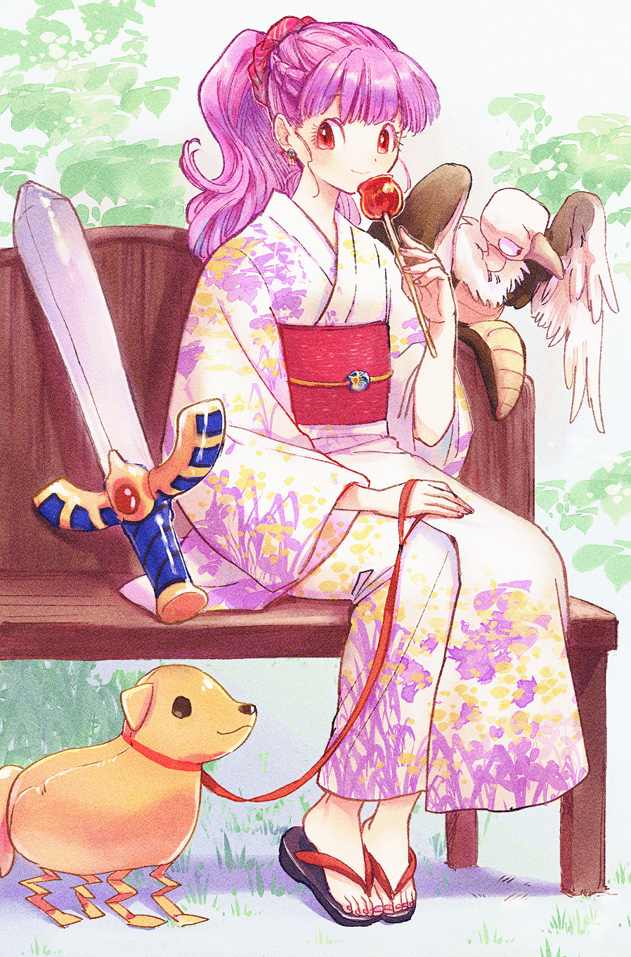 1980s_(style) 1girl balloon_animal balloon_sword bird blunt_bangs blush candy_apple chimaera_(dragon_quest) closed_mouth commentary_request dragon_quest dragon_quest_ii earrings flat_chest floral_print food full_body hair_ornament hair_scrunchie high_ponytail highres holding holding_food japanese_clothes jewelry kimono long_hair looking_at_viewer obi oldschool on_bench outdoors pink_nails ponytail princess_of_moonbrook purple_eyes red_eyes retro_artstyle sandals sash scrunchie sitting smile yuza zouri