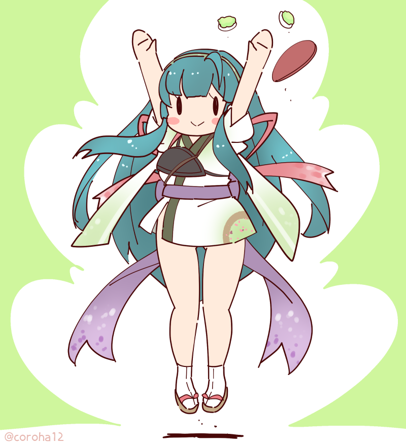 1girl arms_up coroha food full_body green_background green_hair green_kimono hairband japanese_clothes jumping kimono long_hair looking_at_viewer obon ribbon sandals simple_background solo sweets tabi touhoku_zunko voiceroid zouri zunda_mochi