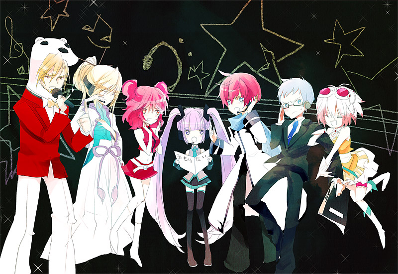 3girls 4boys asbel_lhant brothers cheria_barnes cosplay glasses gumi gumi_(cosplay) hatsune_miku hatsune_miku_(cosplay) hiyama_kiyoteru hiyama_kiyoteru_(cosplay) hubert_ozwell kaito_(cosplay) kaito_(vocaloid) kamui_gakupo kamui_gakupo_(cosplay) malik_caesars meiko_(cosplay) meiko_(vocaloid) multiple_boys multiple_girls pascal_(tales) richard_(tales) scarf siblings sophie_(tales) tales_of_(series) tales_of_graces tuxedo vocaloid