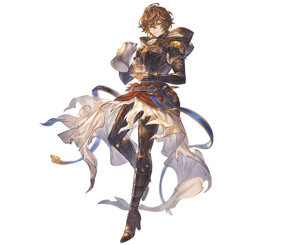 1boy ahoge armor belt bishounen boots breastplate brown_hair cape cup disposable_cup downscaled fingerless_gloves floating_clothes full_body gloves granblue_fantasy hair_between_eyes high_heel_boots high_heels holding holding_kettle hood hood_down kettle leg_up light_smile looking_at_viewer male_focus minaba_hideo official_art red_eyes resized sandalphon_(granblue_fantasy) tachi-e teacup white_cape