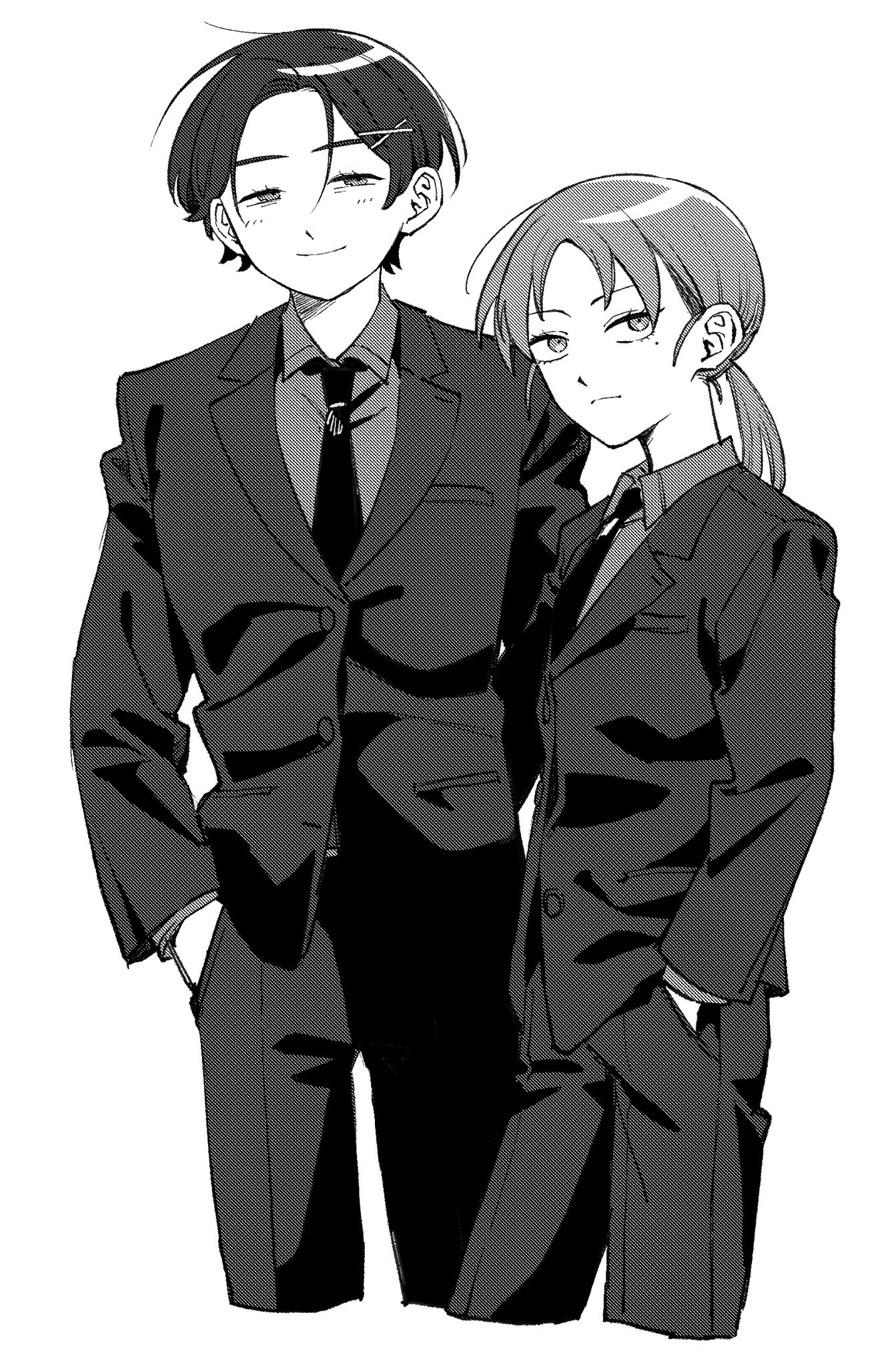 2girls alternate_hairstyle breast_pocket collared_shirt cropped_legs crossdressing formal_clothes futsuu_no_keion-bu greyscale hair_ornament half-closed_eyes hands_in_pockets height_difference highres jacket kouyama_rin lapels mole mole_under_eye monochrome multiple_girls necktie notched_lapels pants parted_bangs pocket ponytail rra_(yj) shirt simple_background smile standing suit suit_jacket uchida_momo white_background x_hair_ornament