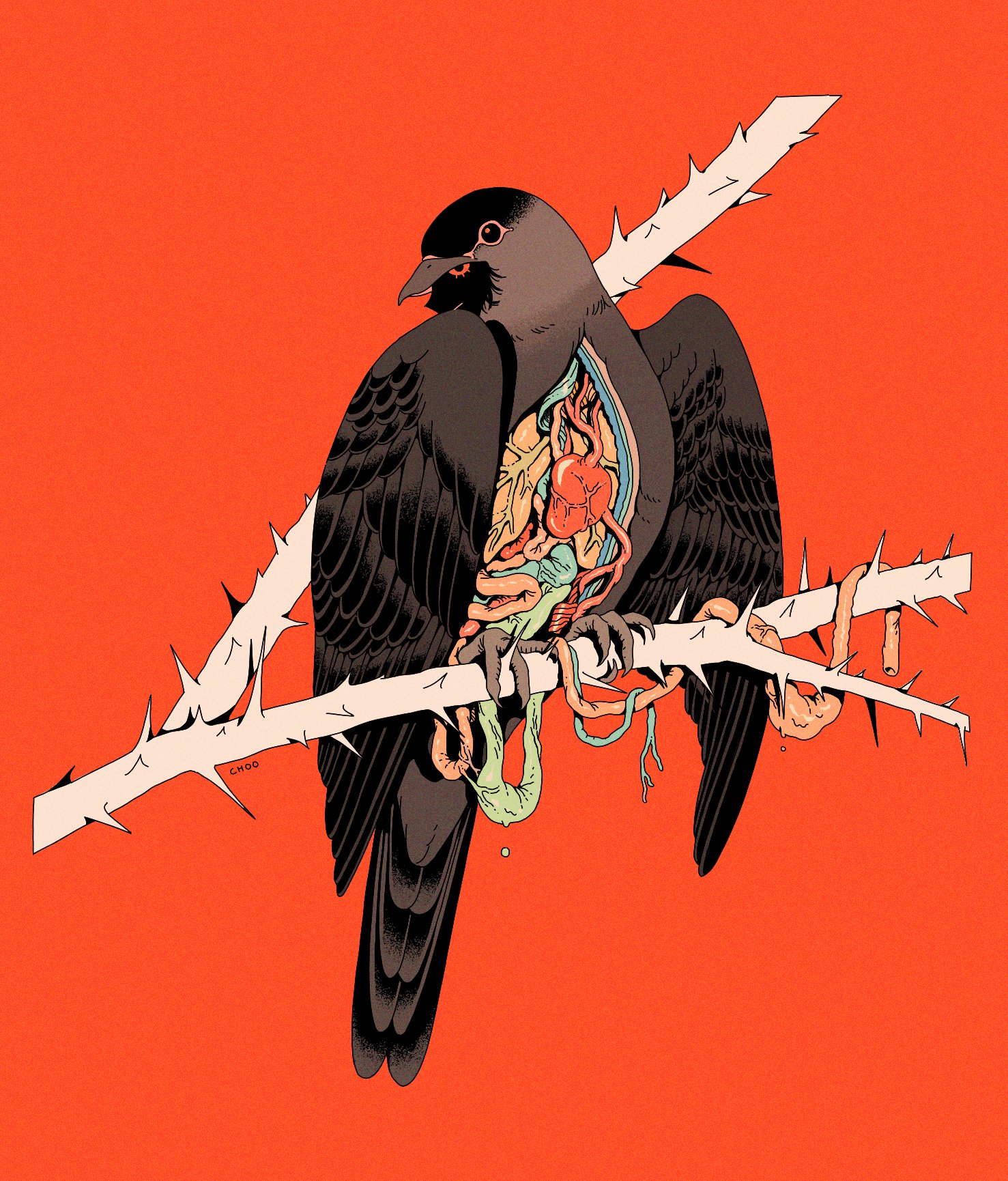 animal animal_focus bird branch choo commentary exposed_heart highres intestines lungs no_humans original perched pigeon red_background simple_background symbol-only_commentary thorns