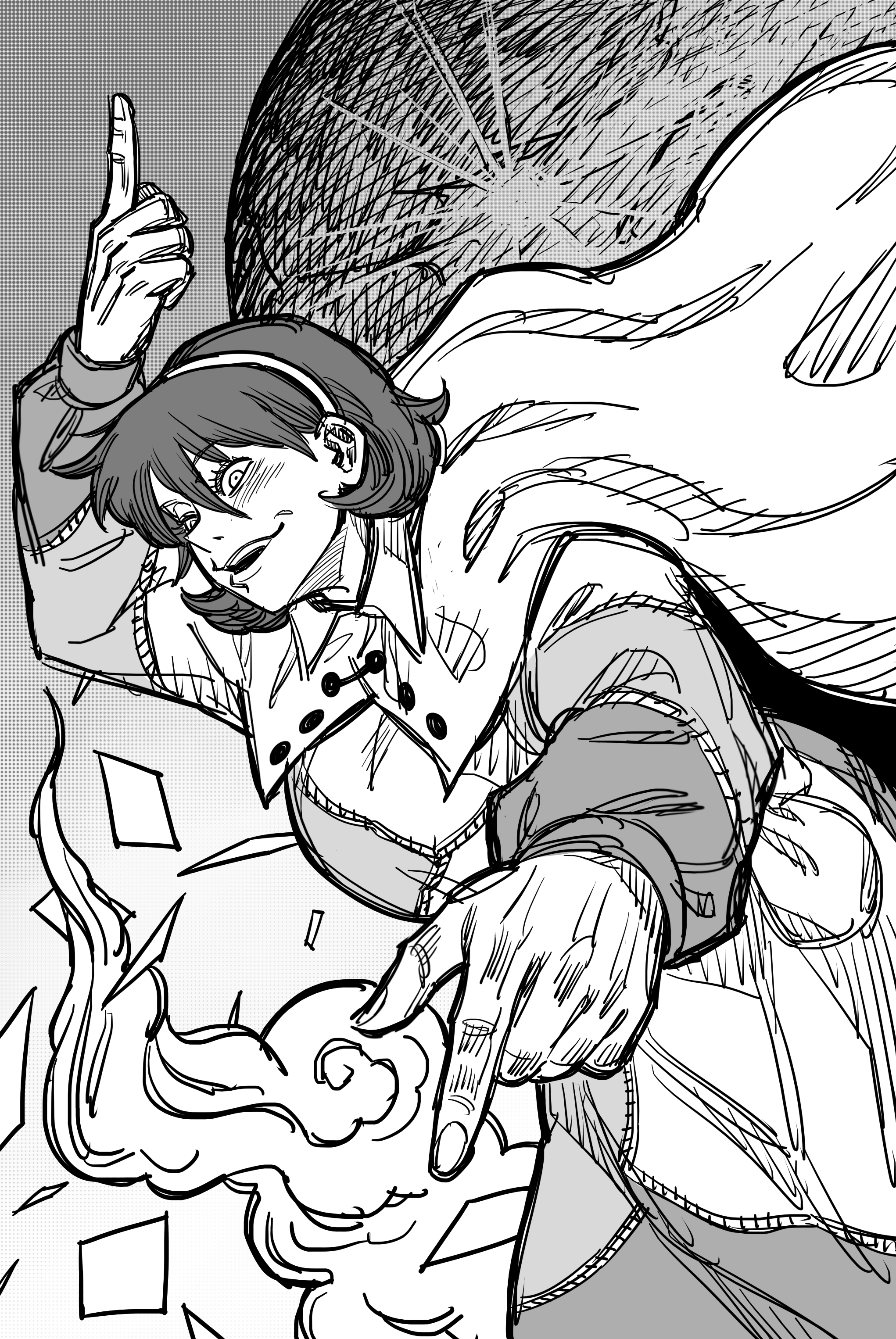 1girl absurdres belt_pouch cape cloud dress eddybird55555 greyscale hairband highres jujutsu_kaisen long_sleeves looking_ahead monochrome patchwork_clothes pointing pouch puffy_long_sleeves puffy_sleeves short_hair solo tenkyuu_chimata touhou trading_card zipper