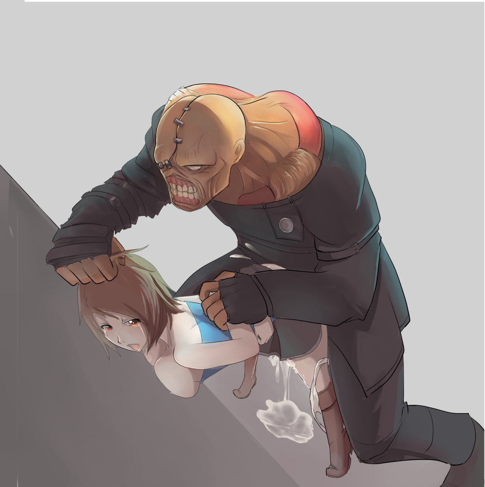 1boy 1girl arms_behind_back boots breasts brown_boots brown_hair capcom crying crying_with_eyes_open cum cum_in_pussy cum_on_floor cumdrip defeat grabbing_another&#039;s_hair hetero holding_another&#039;s_arm jill_valentine monster nemesis_(resident_evil) open_mouth panties_around_leg rape resident_evil resident_evil_3:_nemesis sex short_hair simple_background size_difference strapless sunset_nivaris tears tube_top