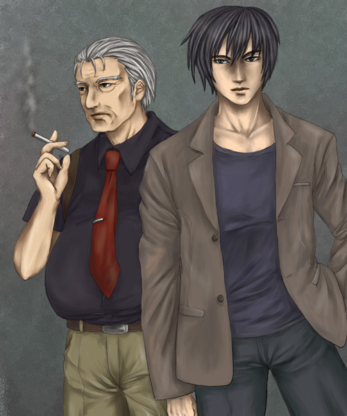 2boys akasaka_mamoru azu_(azure) black_hair fat fat_man grey_hair hand_in_pocket higurashi_no_naku_koro_ni jacket looking_at_viewer male_focus multiple_boys necktie old old_man ooishi_kuraudo pants police police_uniform policeman shirt short_hair simple_background smoking suspenders watch wristwatch