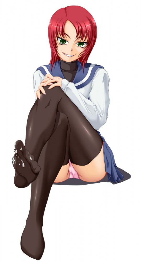 00s cum cum_on_body cum_on_lower_body feet my-hime naughty_face red_hair smile tagme thighhighs yuuki_nao