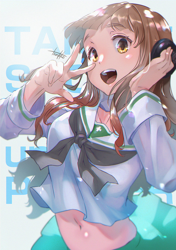 1girl artist_name black_neckerchief blouse blunt_bangs character_name commentary copyright_name dappled_sunlight female_focus girls_und_panzer green_skirt hand_on_headphones headphones light_particles long_hair long_sleeves looking_at_viewer midriff miniskirt navel neckerchief ooarai_school_uniform open_mouth orange_eyes orange_hair school_uniform serafuku shirt signature skirt smile solo standing sunlight takebe_saori text_background torokko w white_shirt