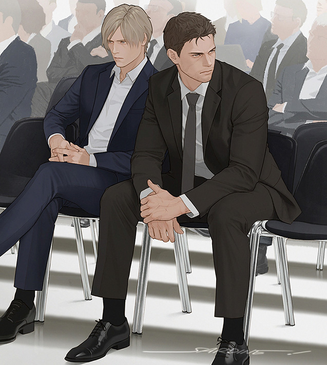 2boys black_pants black_shoes black_socks black_suit blonde_hair blue_eyes blue_pants blue_suit brown_hair chair chris_redfield closed_mouth collared_shirt crossed_legs dress_shoes formal_clothes green_eyes jacket lapels layered_sleeves leon_s._kennedy long_sleeves looking_ahead looking_to_the_side male_focus multiple_boys notched_lapels open_clothes open_collar open_jacket own_hands_clasped own_hands_together pants parted_bangs parted_hair people resident_evil sardine_(kjr0313) shirt shoes short_hair sitting socks suit suit_jacket white_shirt wing_collar