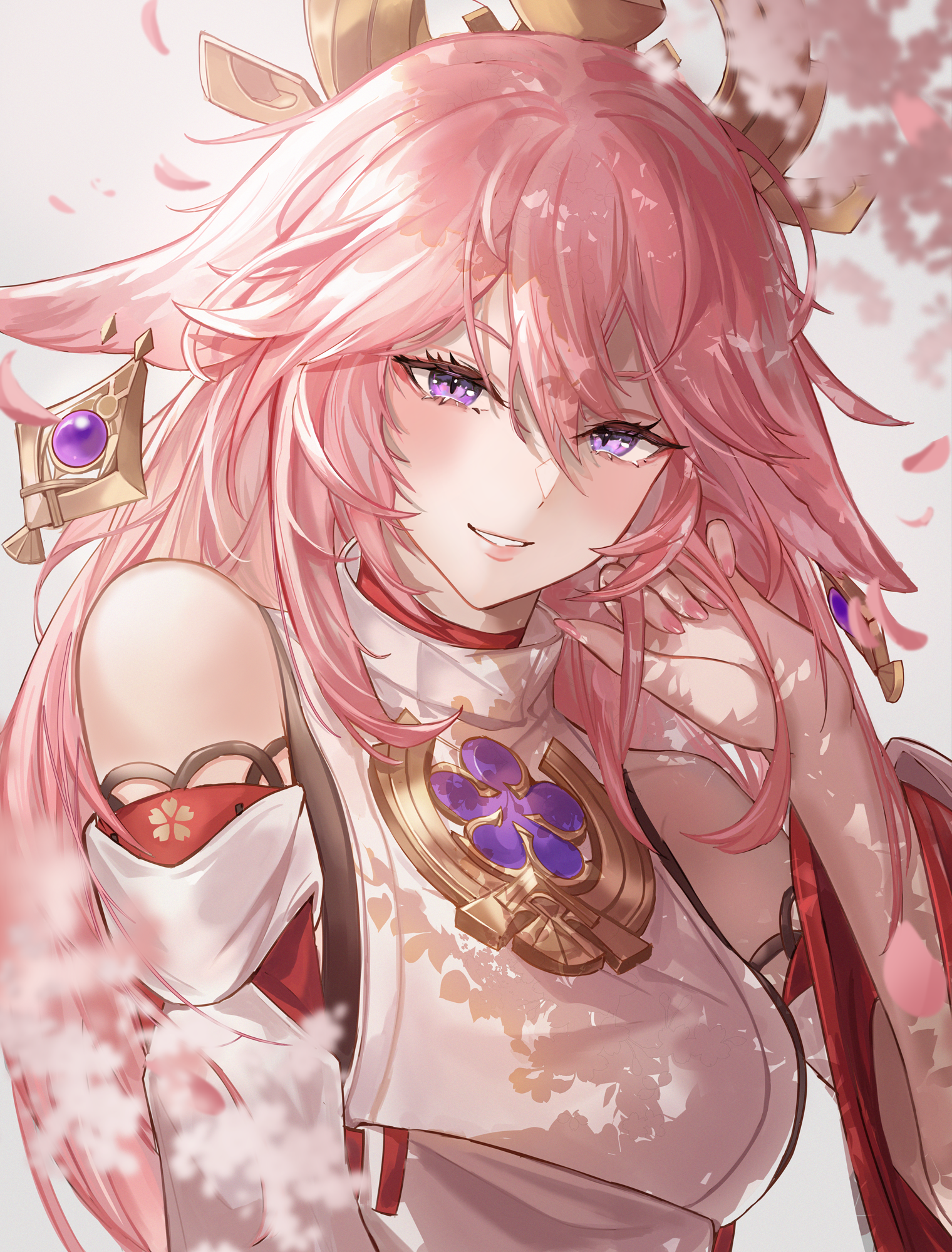 1girl animal_ears blurry breasts cherry_blossoms dappled_sunlight detached_sleeves eyelashes falling_petals floppy_ears floral_print flower fox_ears genshin_impact grin hair_between_eyes hair_ornament hand_in_own_hair hand_up highres kachi large_breasts long_hair looking_at_viewer nail_polish nontraditional_miko petals pink_flower pink_hair pink_nails purple_eyes shirt sidelocks simple_background sleeveless sleeveless_shirt smile sunlight teeth turtleneck upper_body white_background yae_miko