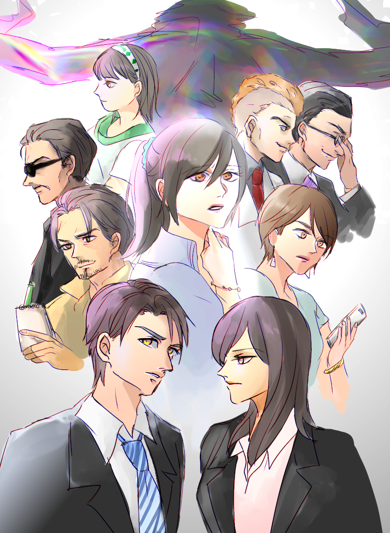 4girls 5boys asou_(cafe_yumegen) beard black_hair bracelet brown_eyes brown_hair business_suit cellphone city_shrouded_in_shadow earrings facial_hair formal_clothes fujiwara_toru glasses granzella grey_hair headband jewelry kaiju kashiwagi_risa_(city_shrouded_in_shadow) kouno_yuki matsubara_miharu misaki_ken mohawk monster multiple_boys multiple_girls mustache muto_katsuhiro necktie notepad orange_hair otsuka_hideyasu pen phone ponytail shibata_ryoji silhouette simple_background smartphone suit sunglasses white_background yamamura_miho yellow_eyes