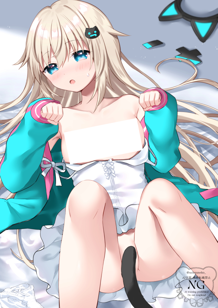 1girl animal_ear_headphones animal_ears bar_censor blonde_hair blue_eyes blue_jacket blush cat_hair_ornament censored clothes_lift clothes_pull collarbone commentary_request dress dress_lift dress_pull fake_animal_ears feet_out_of_frame hair_between_eyes hair_ornament hands_up headphones headphones_removed indie_virtual_youtuber jacket knees_up long_hair long_sleeves lying off_shoulder on_back open_clothes open_jacket open_mouth puffy_long_sleeves puffy_sleeves sleeves_past_wrists solo sweat tail_censor uchuuneko uchuuneko_(vtuber) very_long_hair virtual_youtuber white_dress