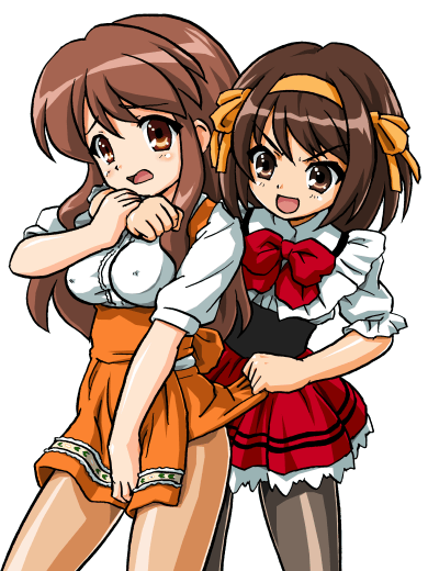 00s 2girls anna_miller asahina_mikuru bad_anatomy bad_proportions bandabekken black_legwear bronze_parrot brown_hair high-waist_skirt multiple_girls orange_skirt pantyhose poorly_drawn see-through_clothes see-through_legwear short_hair skirt suzumiya_haruhi suzumiya_haruhi_no_yuuutsu waitress