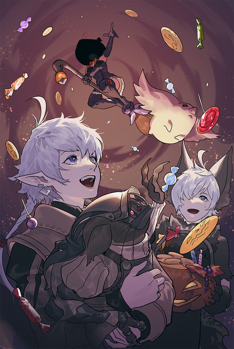 1boy 2girls ahoge alisaie_leveilleur alphinaud_leveilleur animal_costume animal_ears basket black_dress black_legwear blue_eyes broom broom_riding brown_background brown_coat byuub candy coat creature dress earclip elezen elf faceless faceless_female final_fantasy final_fantasy_xiv food ga_bu halloween halloween_bucket hand_up hat helmet holding holding_basket holding_creature kobold lollipop long_hair looking_up multiple_girls open_mouth pointy_ears ponytail siblings thighhighs twins white_hair witch witch_hat wolf_costume wolf_ears