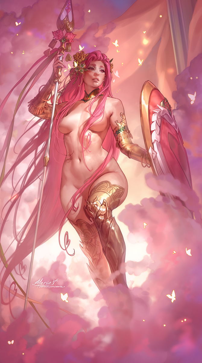 1girl absurdly_long_hair aleriia_v aphrodite_(hades) bracelet bracer breasts bug butterfly convenient_censoring flower gold_thighhighs hades_(series) hades_2 hair_censor hair_flower hair_ornament hair_over_breasts hair_over_crotch heart heart-shaped_hair highres holding holding_polearm holding_shield holding_weapon insect jewelry long_hair looking_to_the_side medium_breasts nude pink_eyes polearm shield solo spear toned toned_female very_long_hair weapon