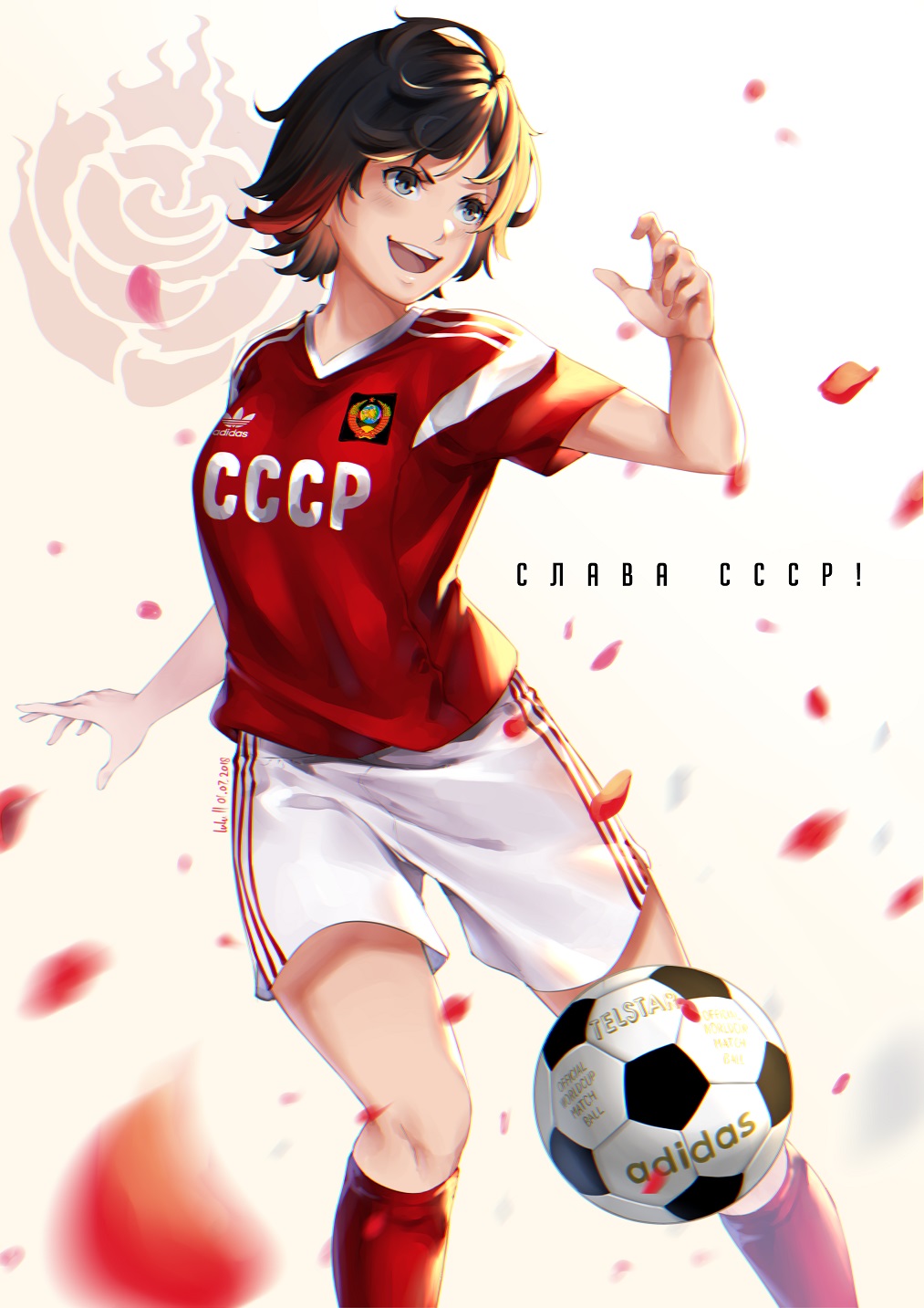 1girl 2018_fifa_world_cup adidas ball blush breasts brown_hair cccp cccp_shirt cyrillic dated female_focus grey_eyes highres jersey lulu-chan92 medium_breasts multicolored_hair open_mouth petals red_hair rose_petals ruby_rose russia rwby short_hair signature simple_background smile soccer soccer_ball soccer_uniform solo soviet sportswear two-tone_hair union_of_soviet_socialist_republics ussr world_cup