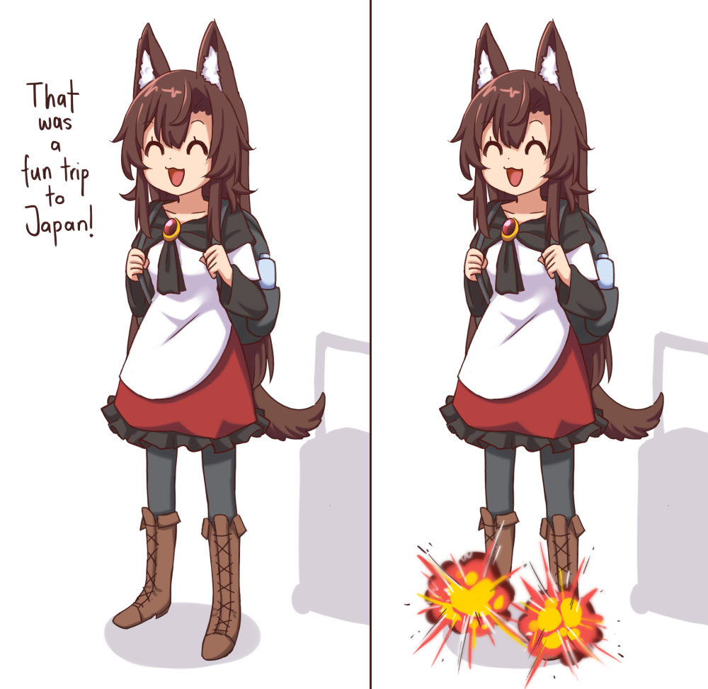 1girl animal_ear_fluff animal_ears backpack bag black_leggings boots breasts brooch brown_boots brown_hair closed_eyes dress english_text explosion explosion_gag full_body imaizumi_kagerou jewelry leggings long_hair long_sleeves open_mouth red_dress solo tail touhou white_dress white_fur wide_sleeves wolf_ears wolf_tail wool_(miwol)