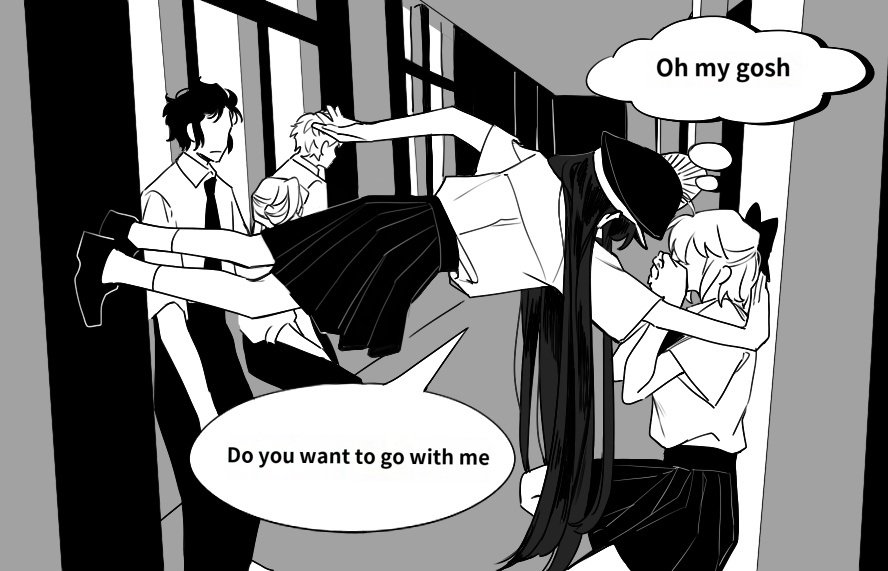 2girls 3boys bow character_request covering_own_mouth english_text faceless faceless_female faceless_male fate/grand_order fate_(series) greyscale hair_bow hallway hijikata_toshizou_(fate) kabedon long_hair medium_skirt monochrome multiple_boys multiple_girls necktie oda_nobunaga_(fate) okita_souji_(fate) pleated_skirt school_uniform sempon_(doppio_note) sitting skirt speech_bubble thought_bubble very_long_hair yamanami_keisuke_(fate) yuri