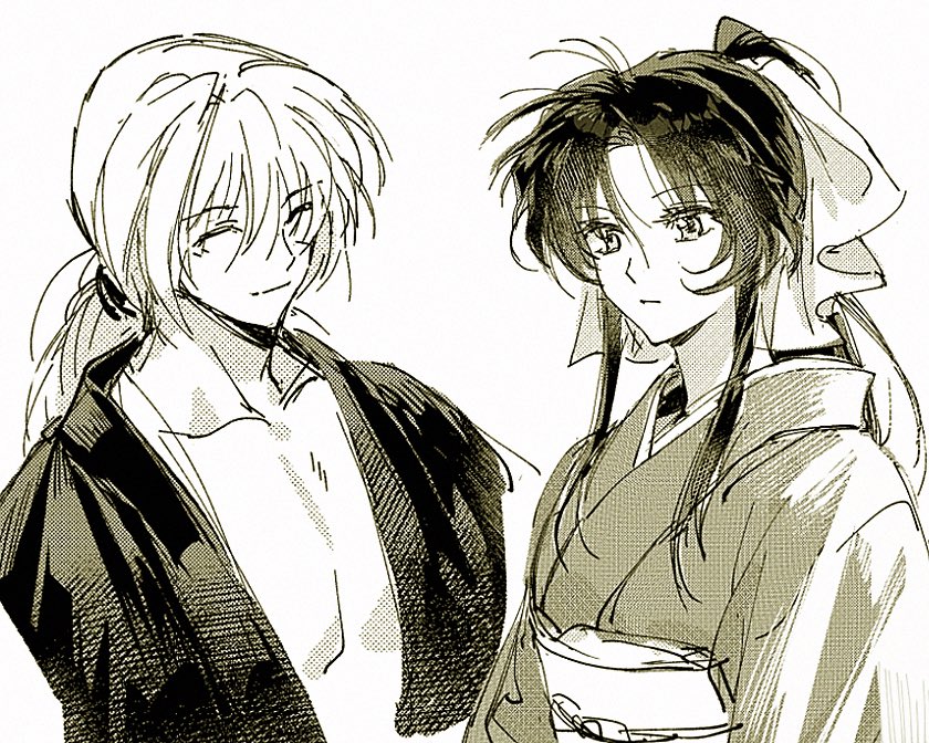 1boy 1girl closed_eyes closed_mouth collarbone facing_another hair_between_eyes hair_ribbon high_ponytail himura_kenshin japanese_clothes kamiya_kaoru kimono long_hair low_ponytail menglin393 monochrome obi parted_bangs pectorals ponytail ribbon rurouni_kenshin sash sidelocks simple_background smile upper_body