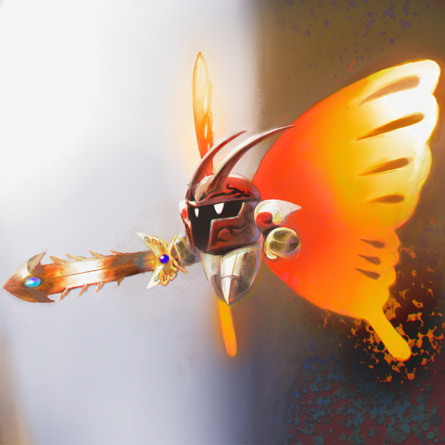 armor butterfly_wings byte_(grunty-hag1) commentary_request full_body gloves holding holding_sword holding_weapon insect_wings kirby_(series) morpho_knight nintendo no_humans pauldrons shoulder_armor solo sword weapon white_eyes wings yellow_gloves
