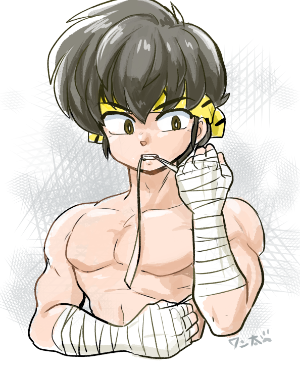 1boy abstract_background arm_across_waist arm_up bandage_in_mouth bandaged_arm bandaged_hand bandages bare_pectorals bare_shoulders black_hair brown_eyes clenched_hand clenched_teeth eyebrows_visible_through_headband fang headband hibiki_ryouga looking_at_hand male_focus muscular muscular_male pectorals ranma_1/2 short_hair signature teeth tiger_stripes topless_male tying wanta_(futoshi) yellow_headband
